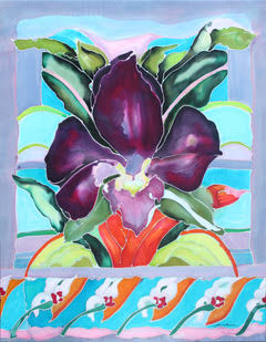 Decorative tile with a purple orchid and colorful abstract design