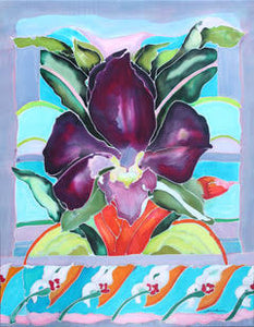 Decorative tile with a purple orchid and colorful abstract design